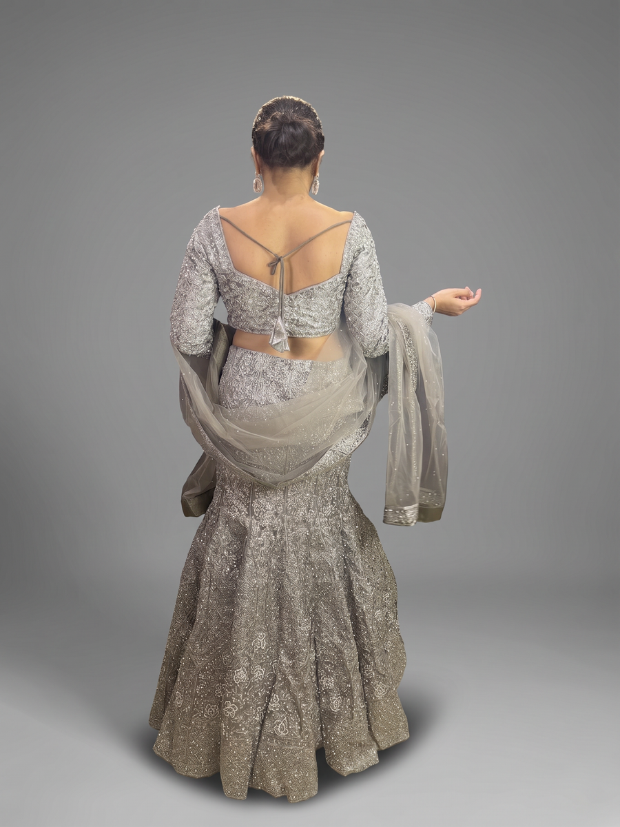Grey Net Fishtail Lehenga With Sequin and Cutdana Work — back view