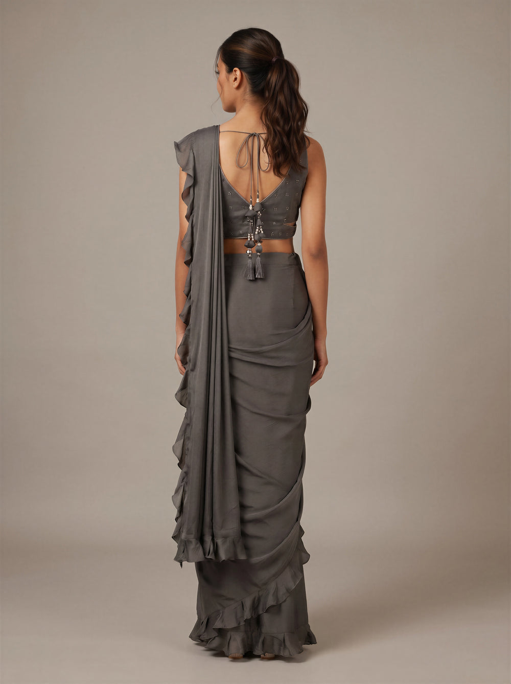 Smoke Charcoal Zari Ruffle Saree Set