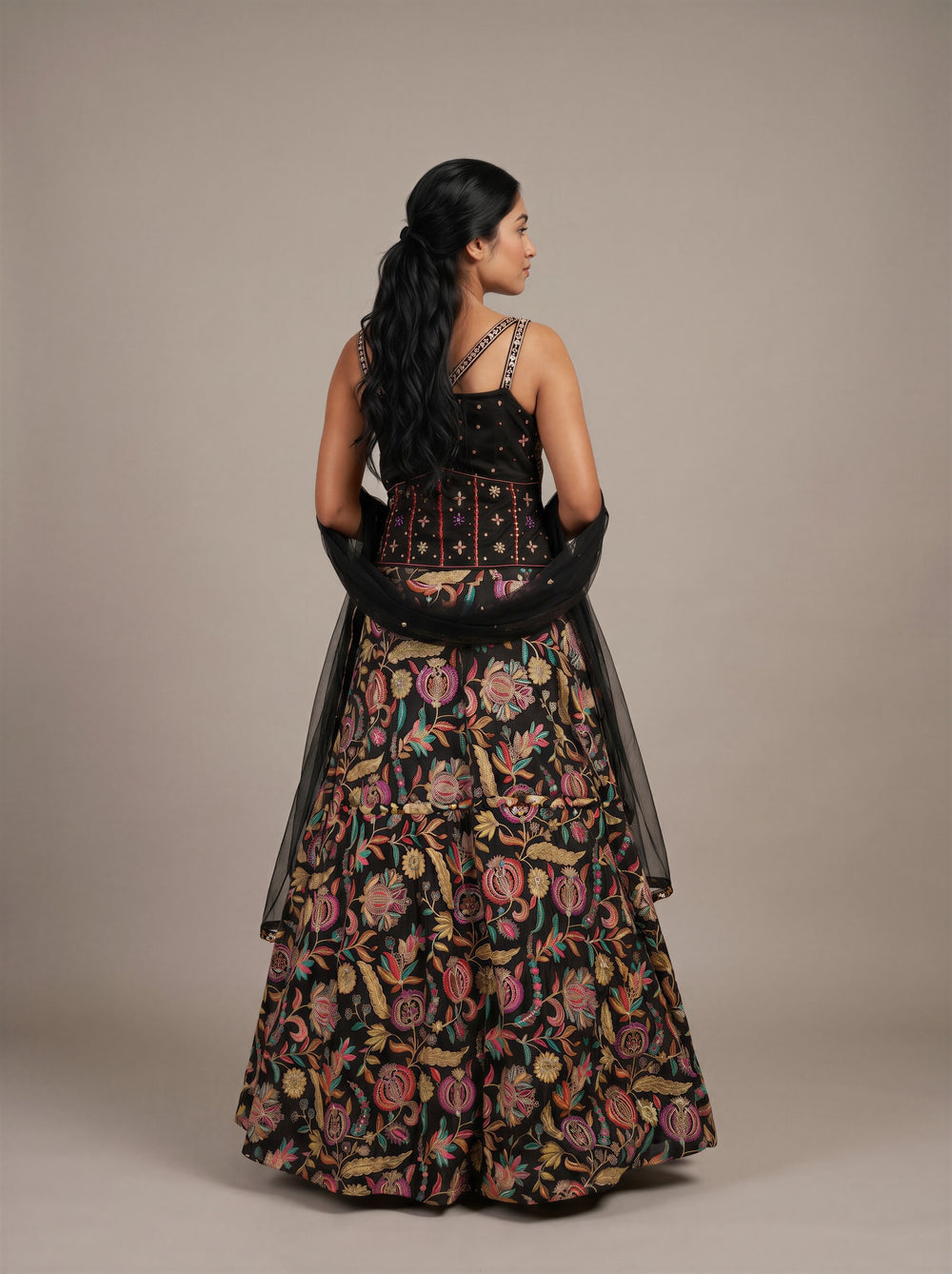 Raat Rani Black Floral Bead-Work Lehenga