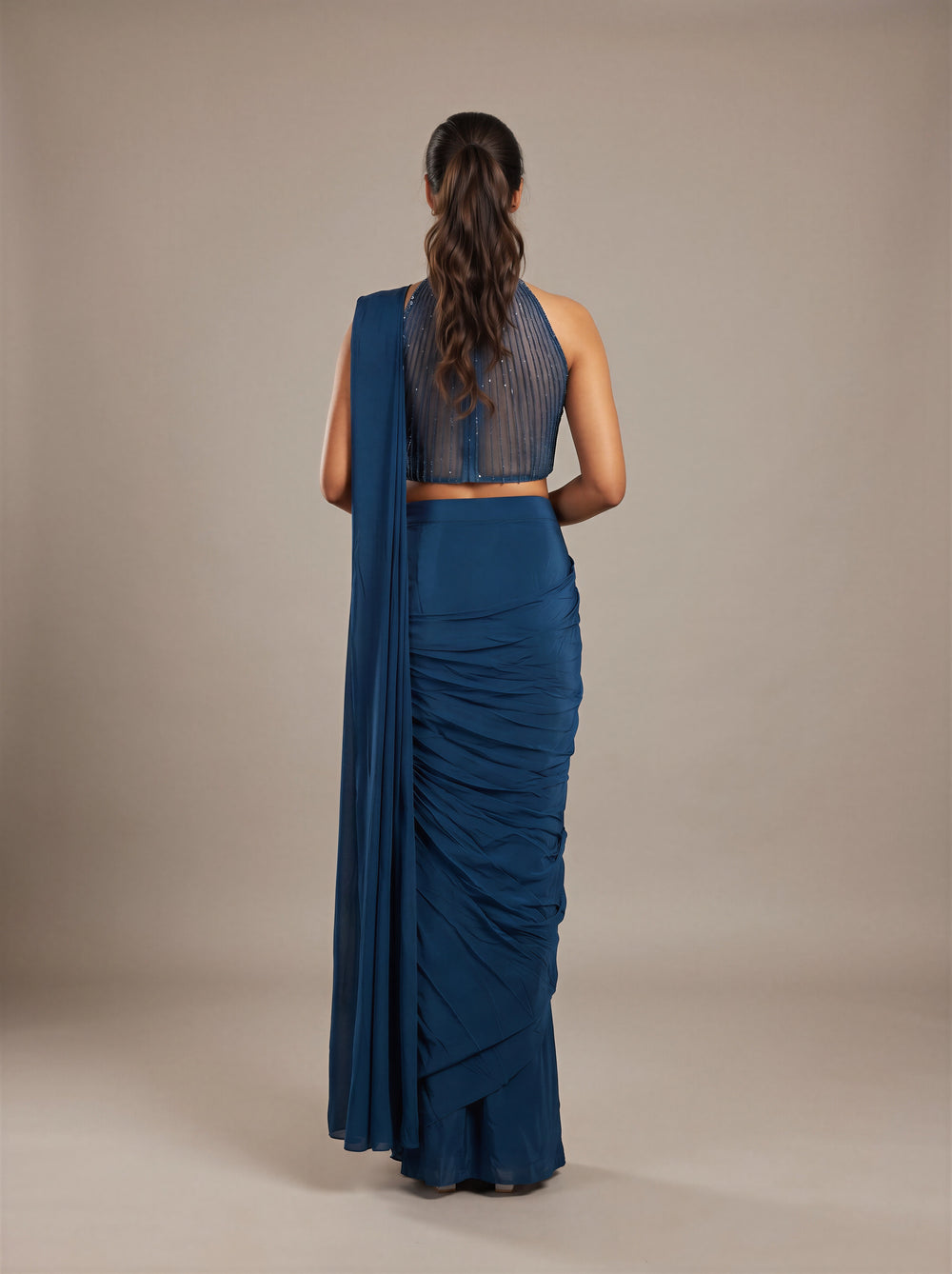 Crystal Teal Beadwork Pre-Draped Saree