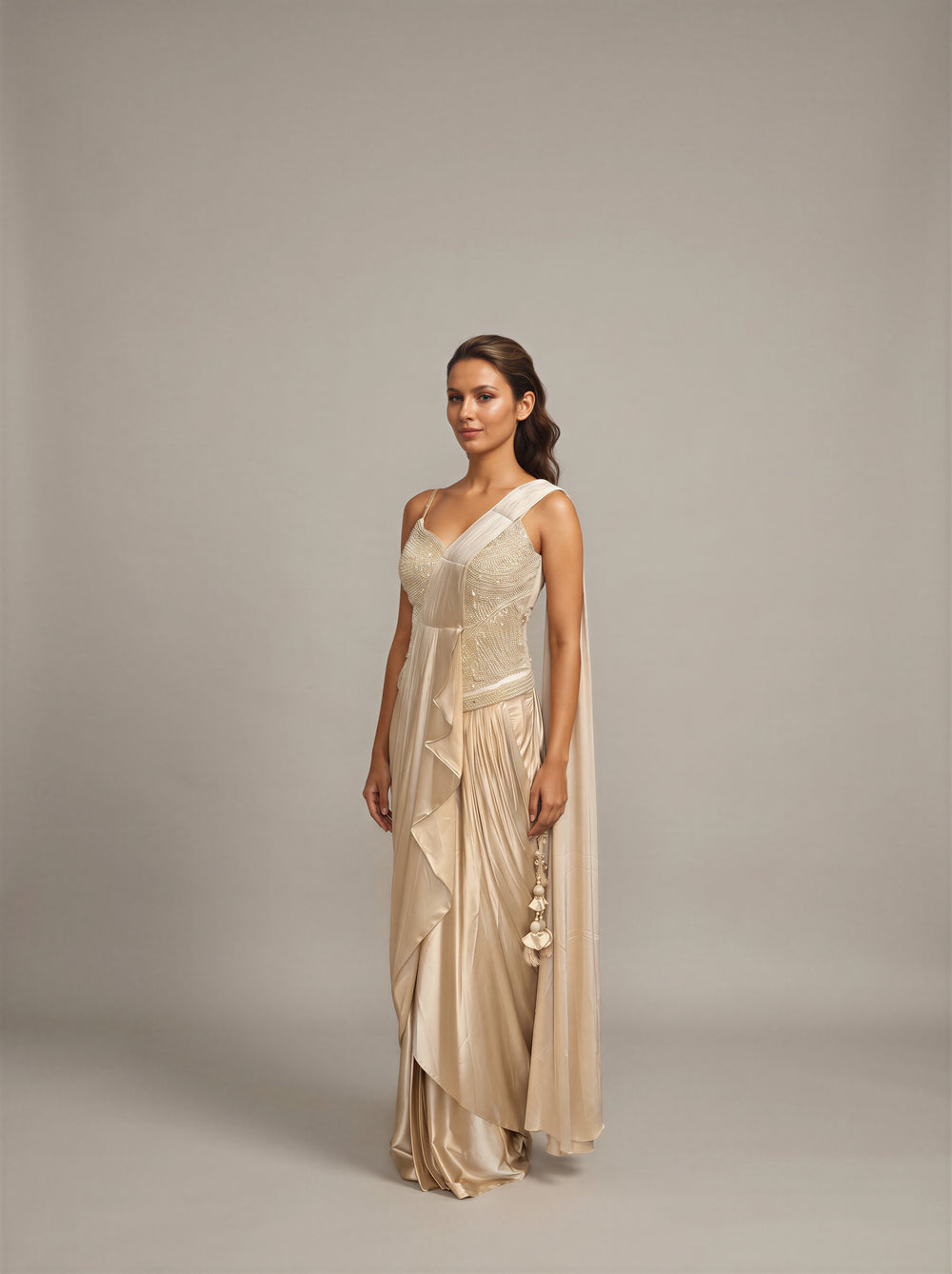 Ivoire Pearl Bustier Pre-Draped Satin Saree