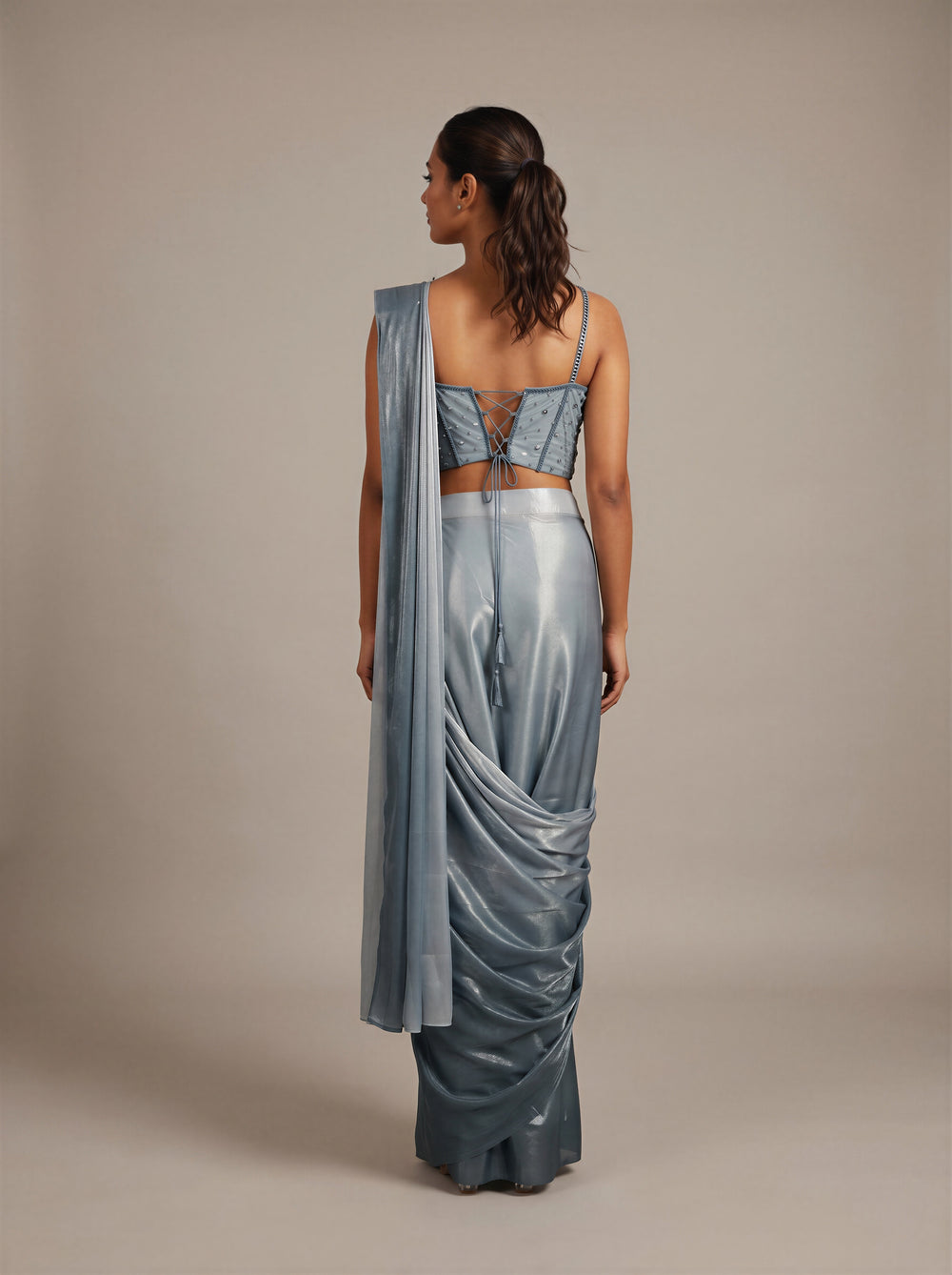 Moonlit Silver Pearl Bustier Pre-Draped Saree