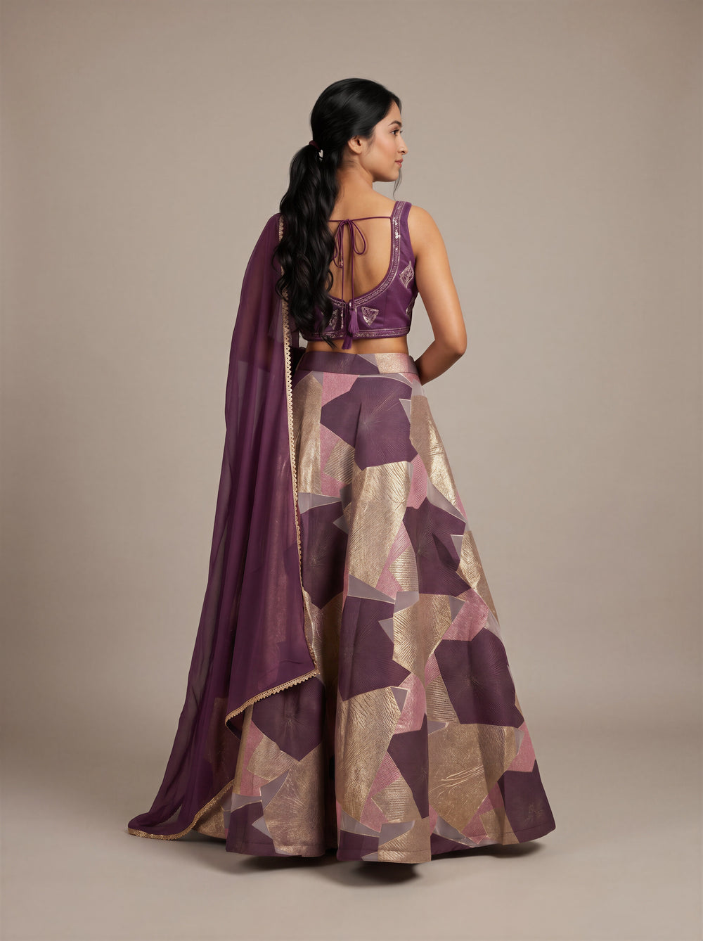Mauve Plum Sequin Bustier Cape Lehenga