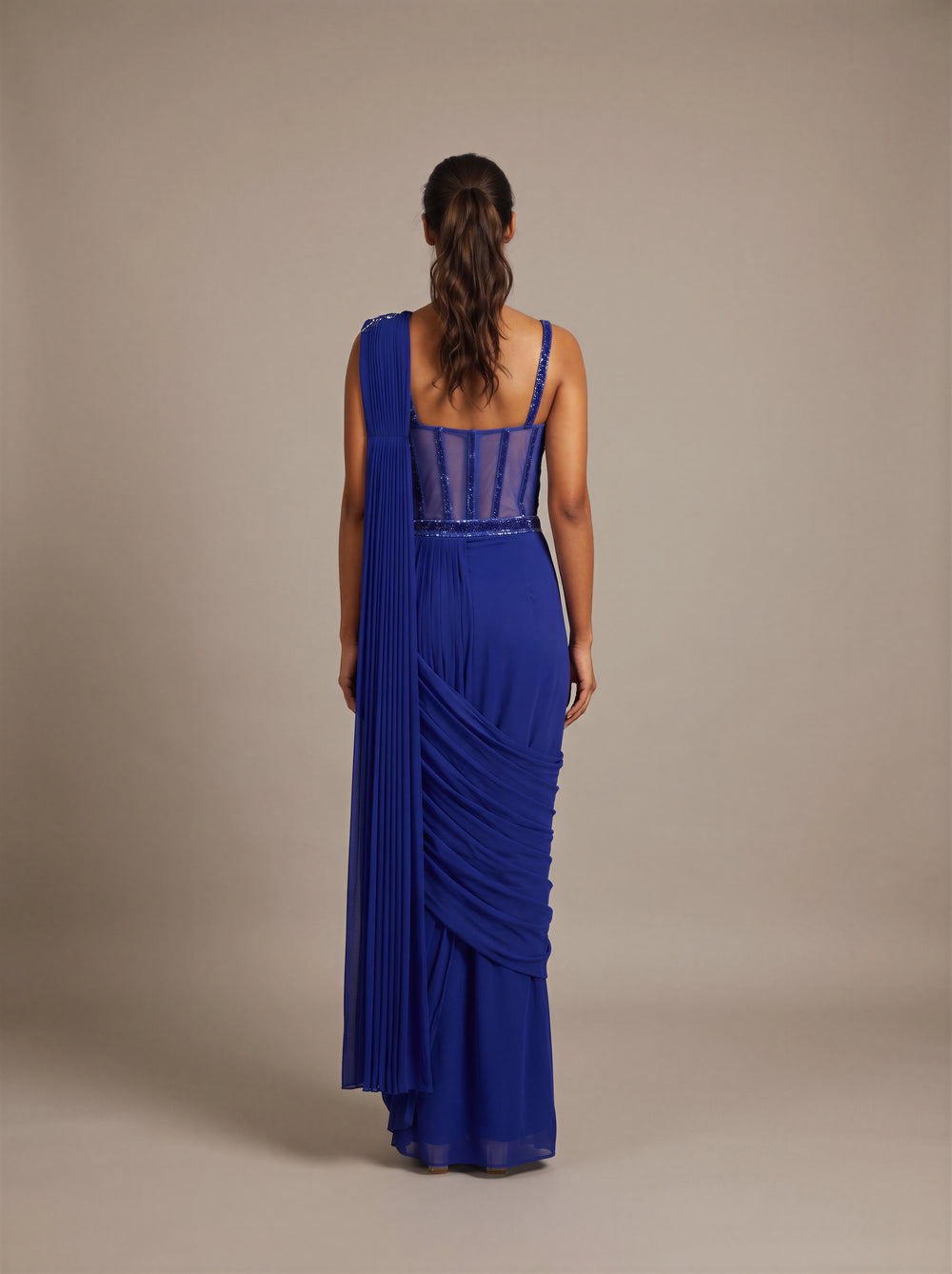 Neelambari Ink Blue Beaded Pre-Draped Saree