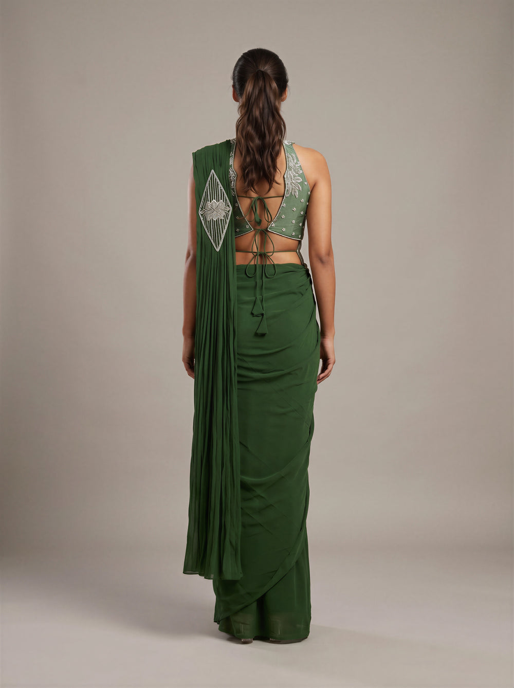 Vanya Bottle Green Zari Pre-Draped Saree