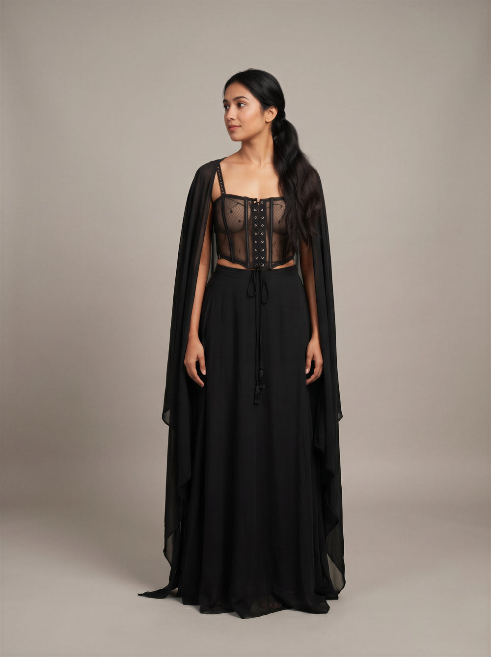 Noir Beadwork Corset Dhoti Drape Set