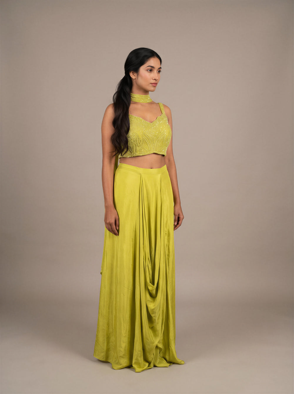 Parrot Green Beaded Bustier Dhoti Set