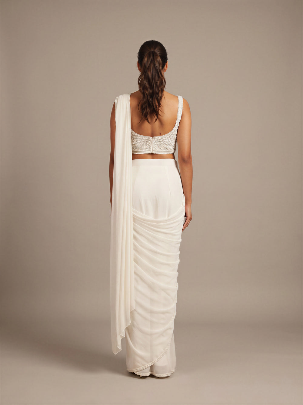 Moonlit Ivory Pearl Pre-Draped Saree