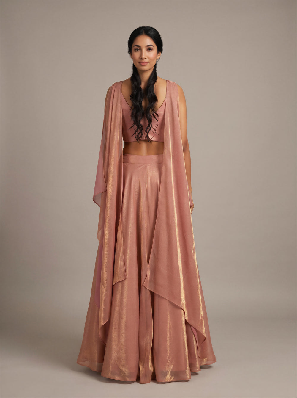 Coral Shimmer Tissue Beadwork Lehenga Set