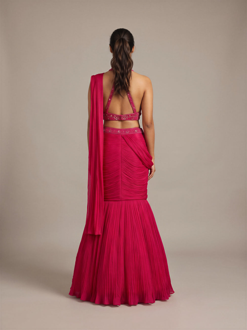 Gulaab Hot Pink Beaded Mermaid Saree-Lehenga