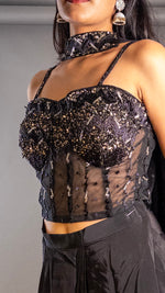 Black Beaded Corset Blouse With Crepe Draped Skirt — view 5
