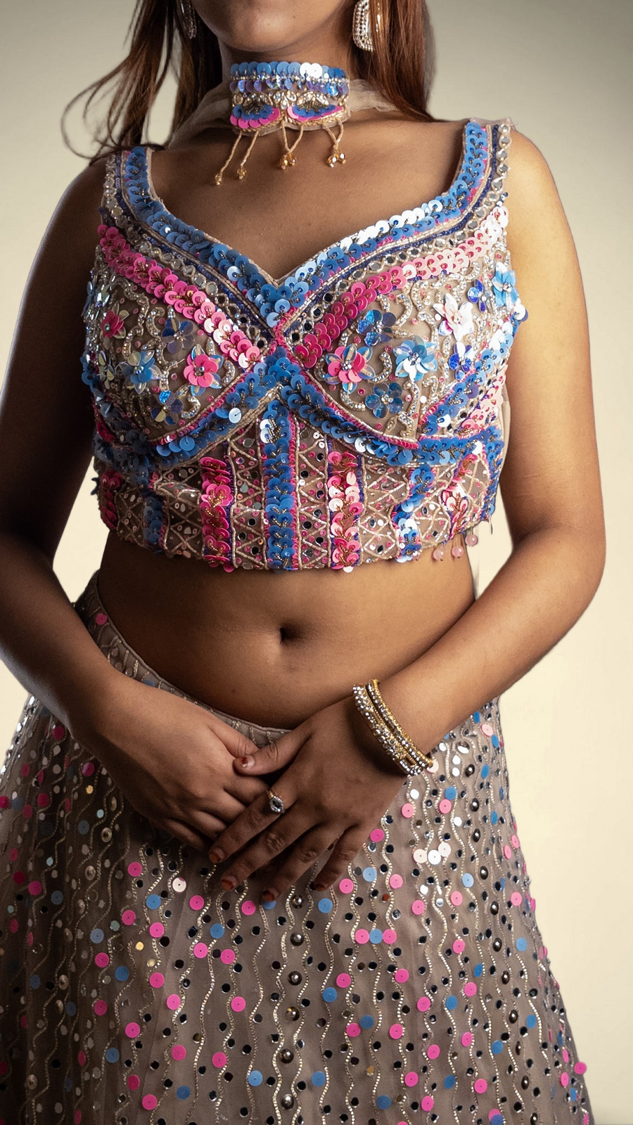 Beige Net Lehenga With Pink Sequin and Mirror Work — dupatta detail