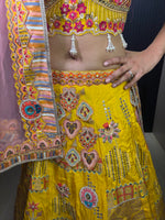Yellow Silk Flared Kali Lehenga With Mirror Work — view 5