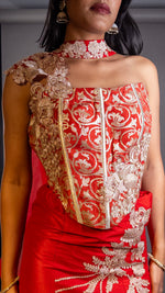 Red Raw Silk Flared Lehenga With One-Shoulder Blouse — view 5