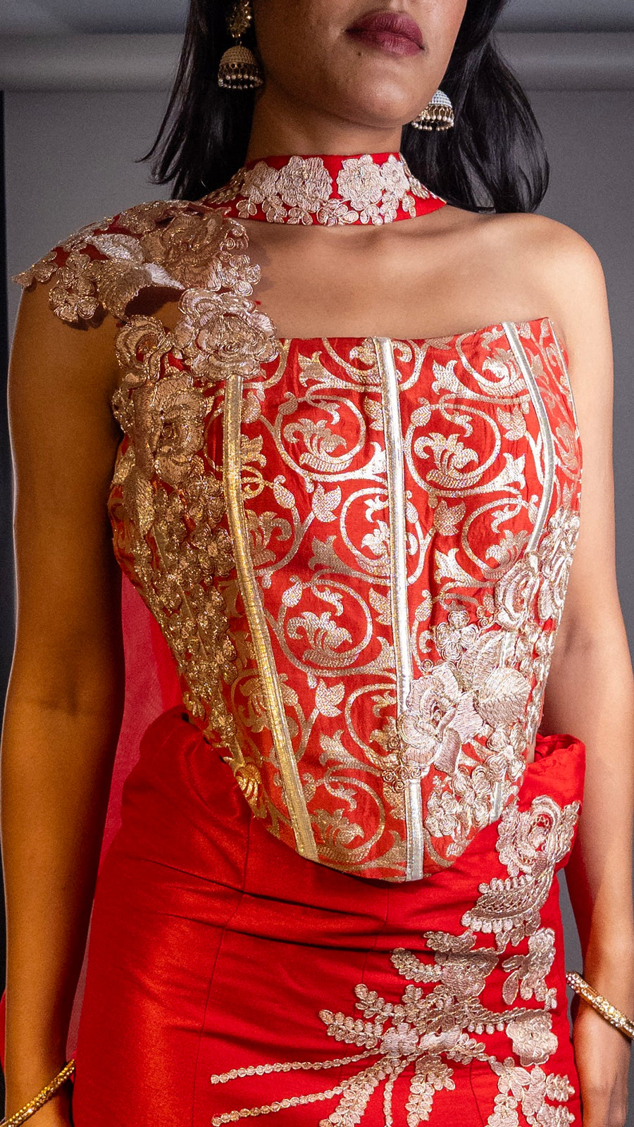 Red Raw Silk Flared Lehenga With One-Shoulder Blouse — dupatta detail