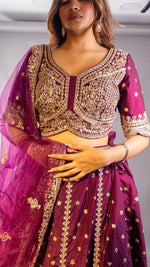 Wine Raw Silk Flared Lehenga With Cutdana Work — view 5
