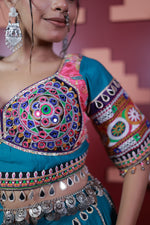 Teal Blue Cotton Kali Lehenga With Mirror Work — view 5