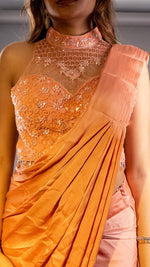 Coral Peach Pre-Draped Saree With Sequin Net Blouse — view 5