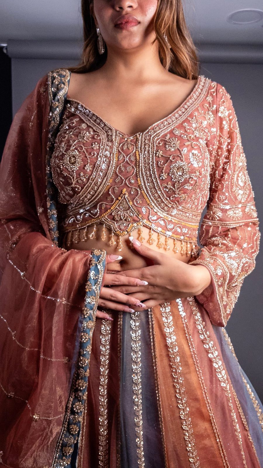 Rust Net Kali Lehenga With Zari and Sequin Work — dupatta detail