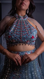 Ice Blue Net Halter Lehenga With Mirror and Zari Work — view 5