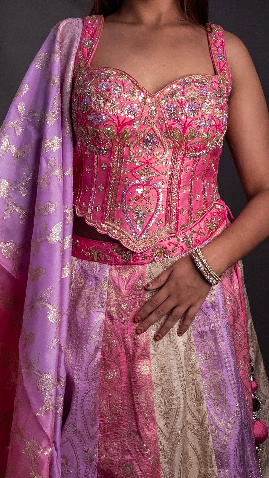 Ombré Brocade Kali Lehenga in Pink and Lilac — dupatta detail