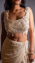 Off White Shimmer Tissue Pre-Draped Saree Gown — view 5