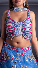 Periwinkle Blue Net Lehenga With Floral Zari Work — view 5