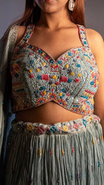 Sage Grey Crinkled Georgette Kali Lehenga Set — view 5