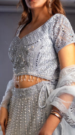 Silver-Grey Cutdana and Mirror Flared Lehenga Set — view 5