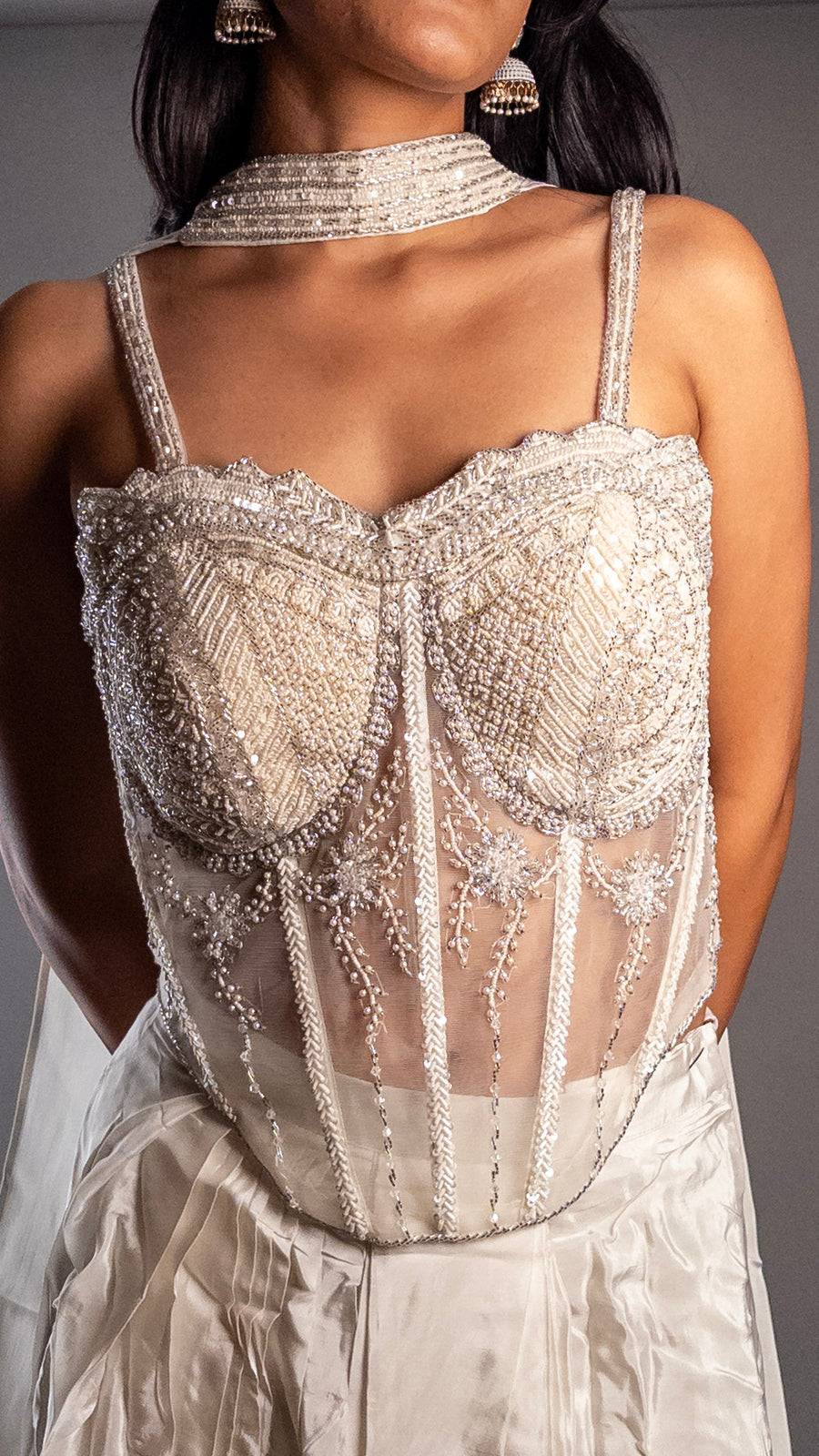 White Net Pearl-Beaded Corset and Draped Dhoti Set — dupatta detail