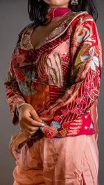 Peach Satin Palazzo Set With Embroidered Choker Jacket — view 5