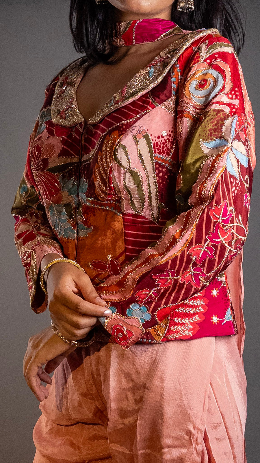 Peach Satin Palazzo Set With Embroidered Choker Jacket — dupatta detail