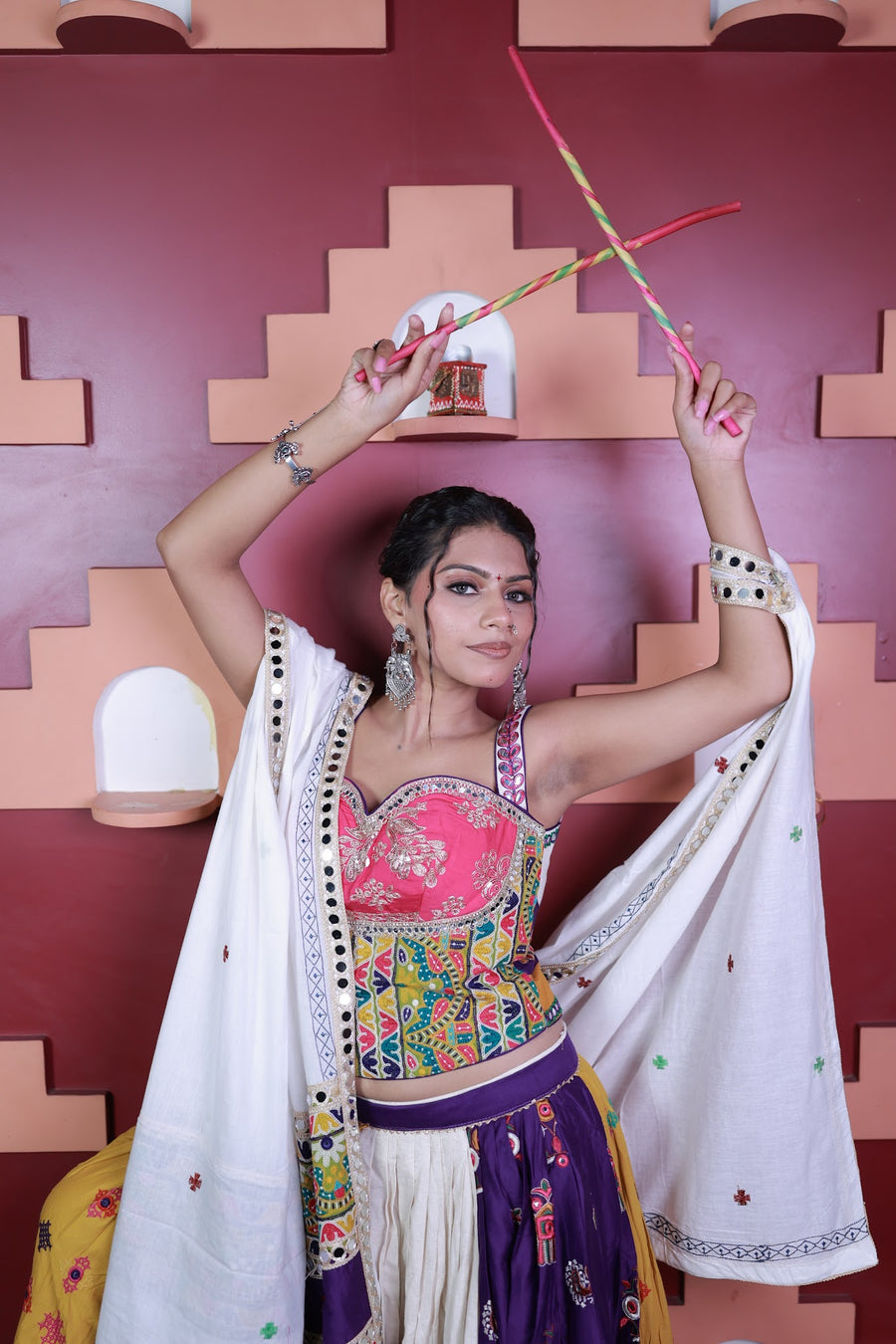 Multi Colour Cotton Kali Lehenga With Mirror Work — dupatta detail