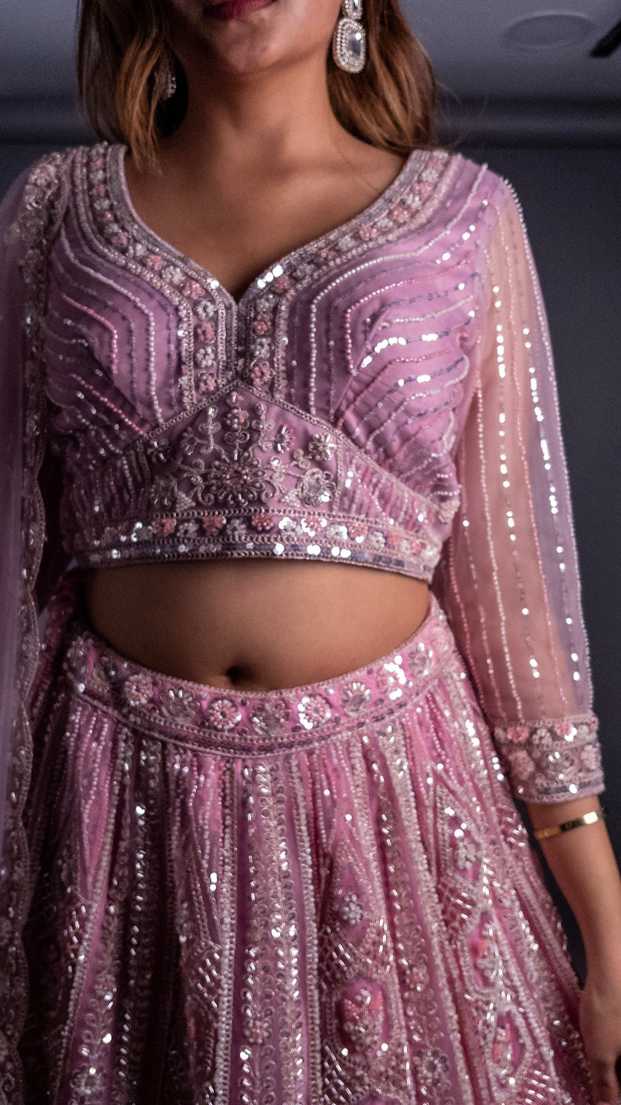 Baby Pink Net Kali Lehenga With Beads and Cutdana — dupatta detail