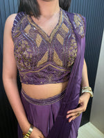 Purple Satin Pre-Draped Saree With Embellished Blouse — view 5