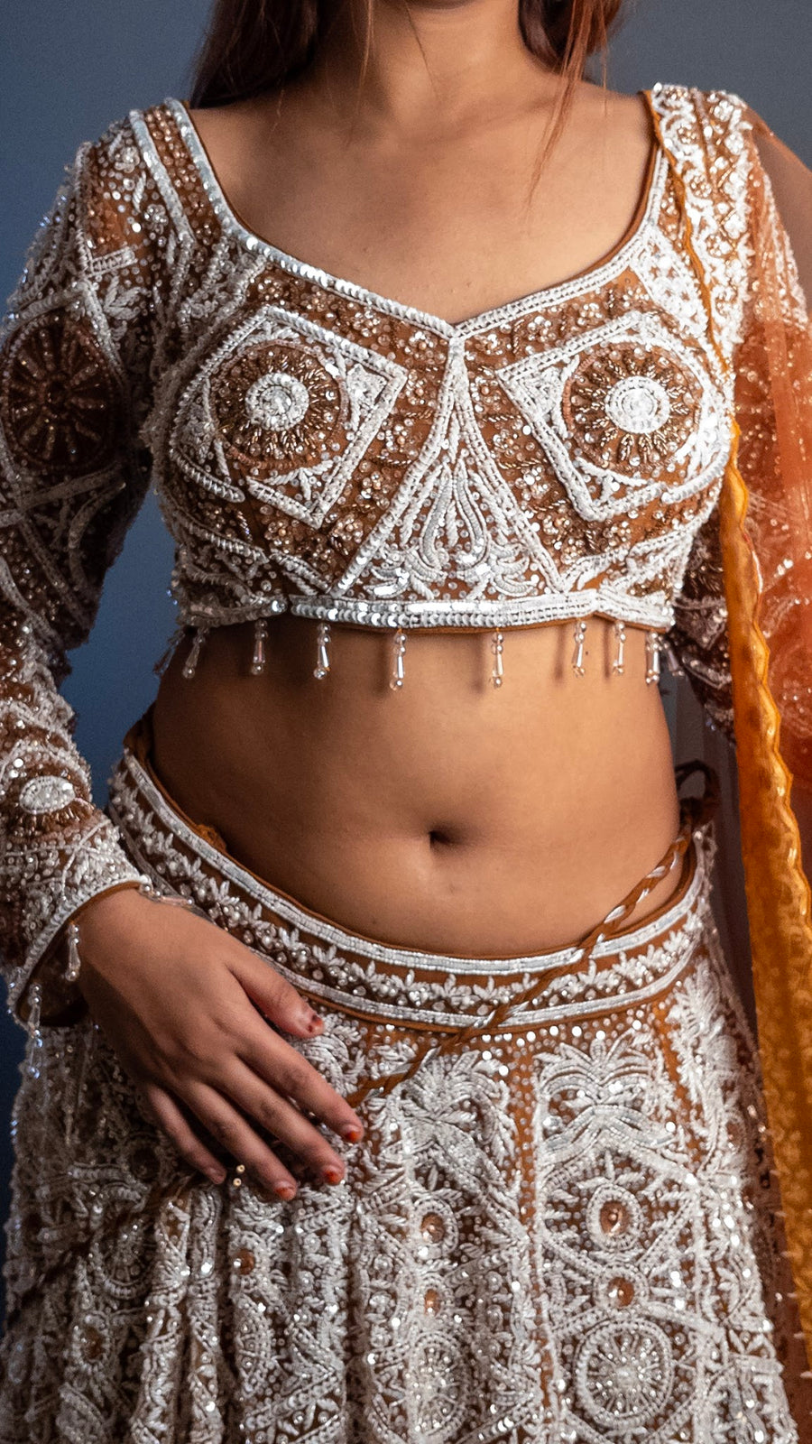 Bronze Ombre Net Lehenga With Sequin and Cutdana — dupatta detail