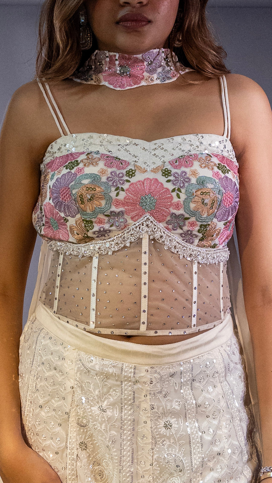White Georgette Pant Set With Floral Cord Embroidery — dupatta detail