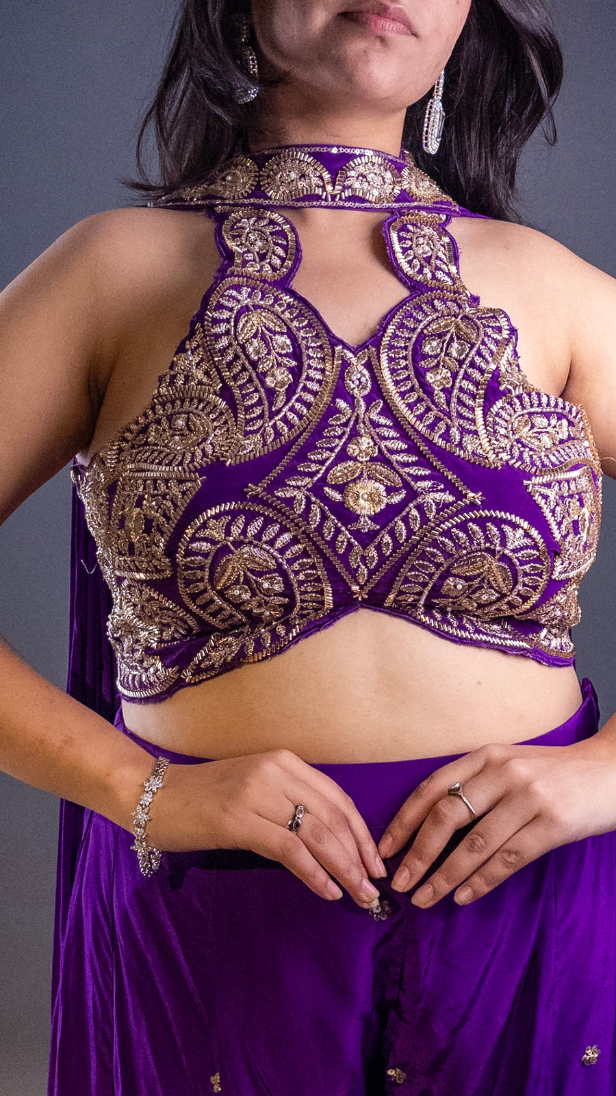 Purple Velvet Halter Blouse With Palazzo Set — dupatta detail