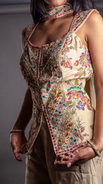Off-White Shimmer Tissue Palazzo Suit With Mirror Work — view 5
