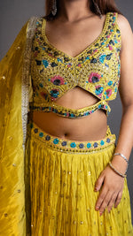 Neon Yellow Shimmer Tissue Flared Kali Lehenga Set — view 5