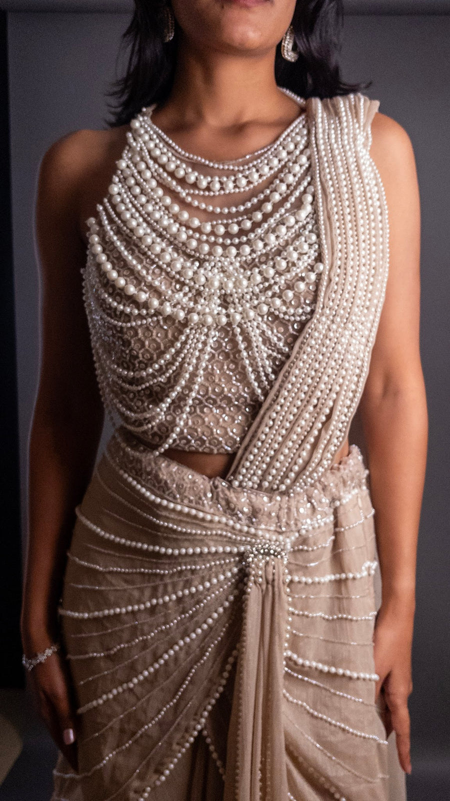 Ivory Shimmer Georgette Pearl-Draped Mermaid Saree Gown — dupatta detail