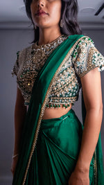 Emerald Satin Pre-Draped Saree With Cutdana Blouse — view 5