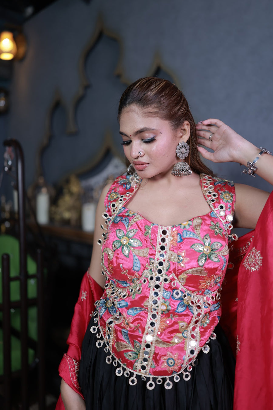 Black Cotton Kali Lehenga With Pink Mirror-Work Blouse — dupatta detail