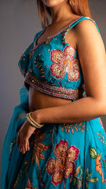 Teal Blue Printed Organza Flared Kali Lehenga Set — view 5