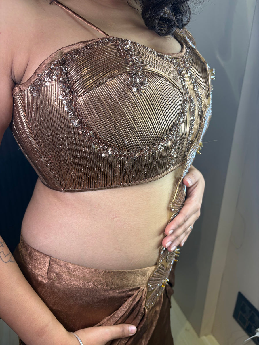 Copper Shimmer Velvet Draped Mermaid Lehenga Set — dupatta detail