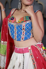 White Cotton Flared Lehenga With Mirror and Zari Work — view 5