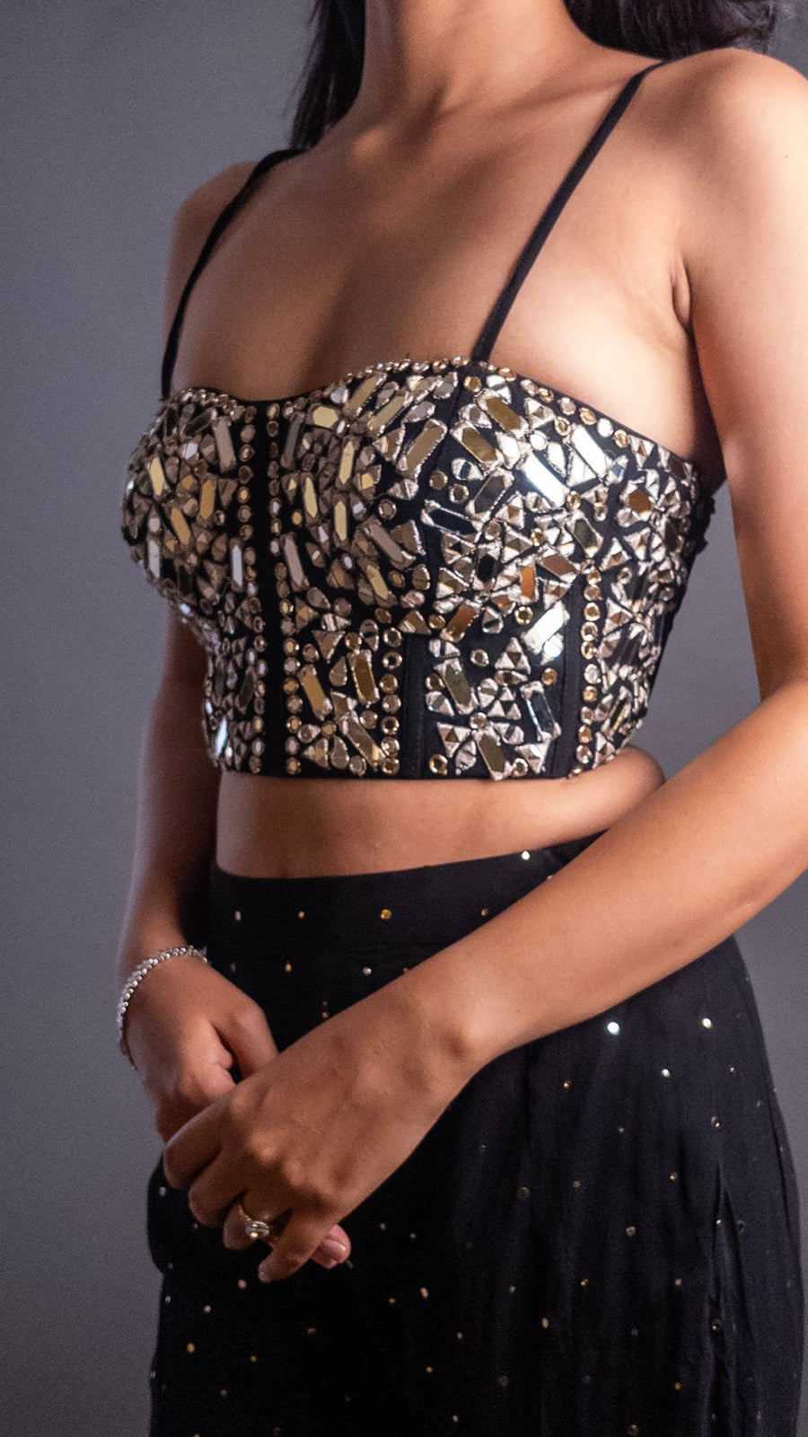Black Georgette Mirror Cutwork Bustier Sharara Set — dupatta detail