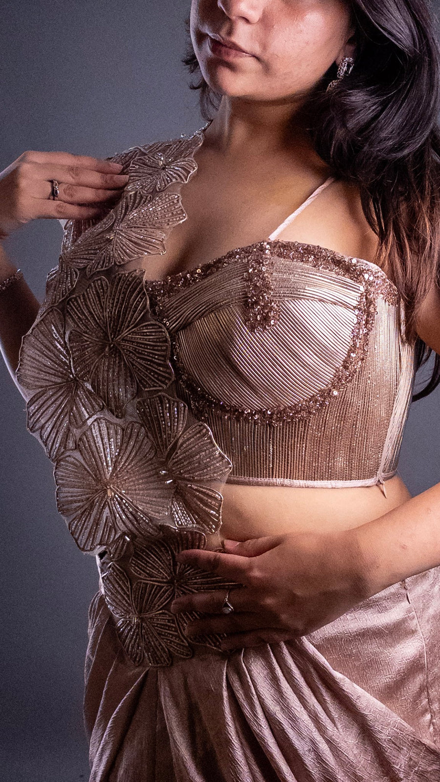 Rose Gold Shimmer Crepe Pre-Draped Mermaid Saree Gown — dupatta detail