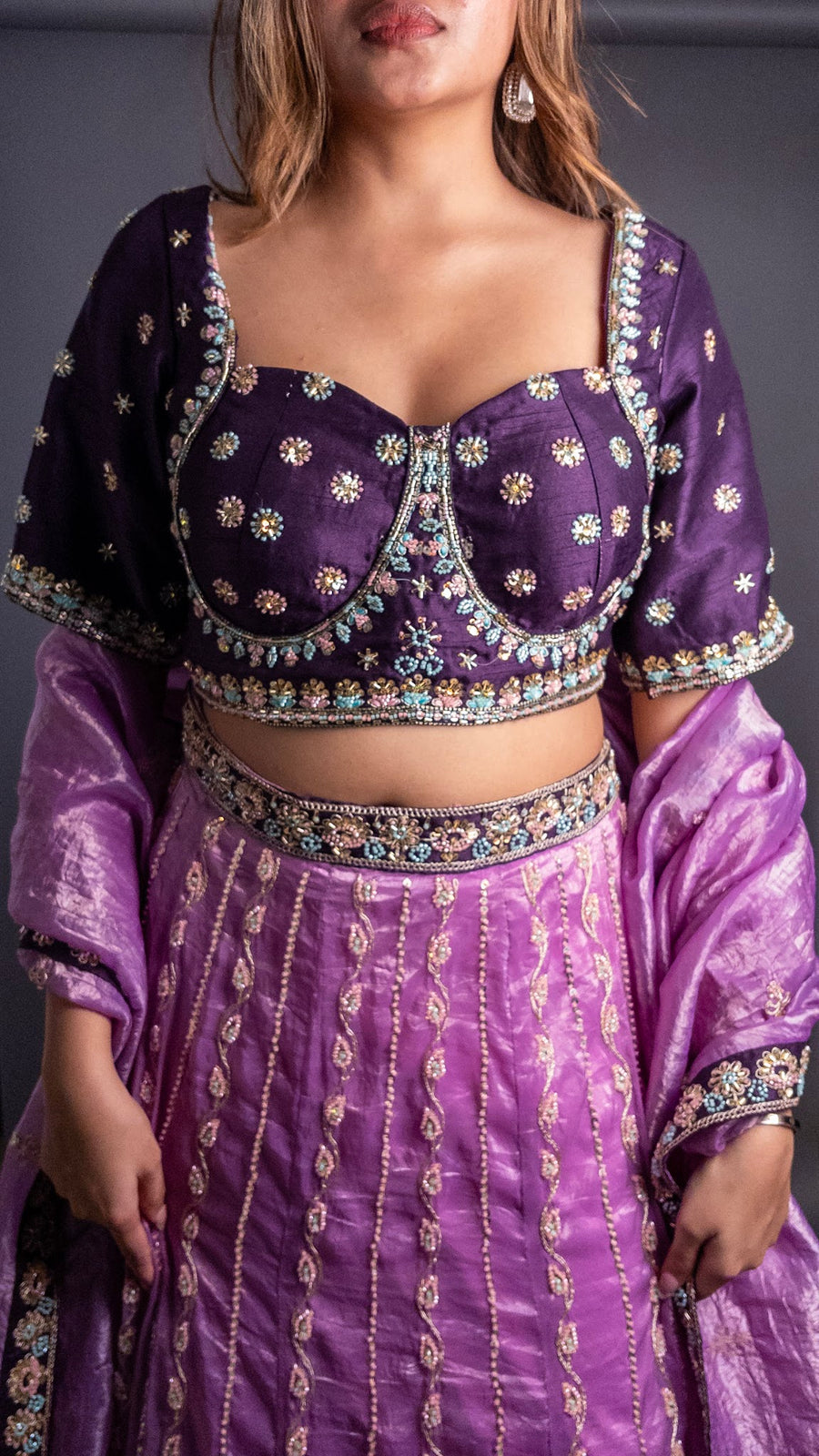 Lilac Tissue Lehenga With Dark Purple Raw Silk Blouse — dupatta detail