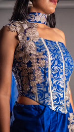 Royal Blue Raw Silk Lehenga With Zari Corset Blouse — view 5